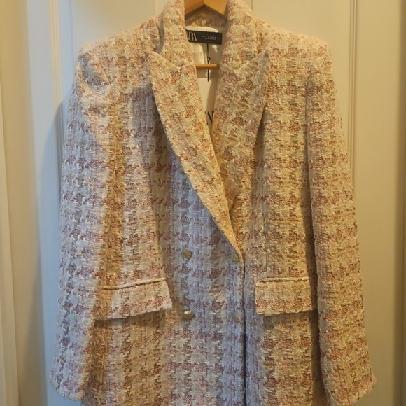 Zara Double Breasted Tweed Blazer Jacket Houndstooth  Siz LGold Buttons Two Fr - Picture 13 of 15